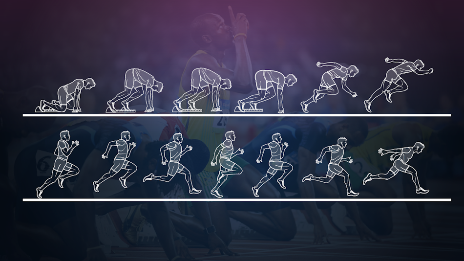 Track athletes executing finish line technique in final meters of championship 100-meter sprint race demonstrating competitive application of advanced biomechanical principles - Olympic athletics performance InfoProds 2026