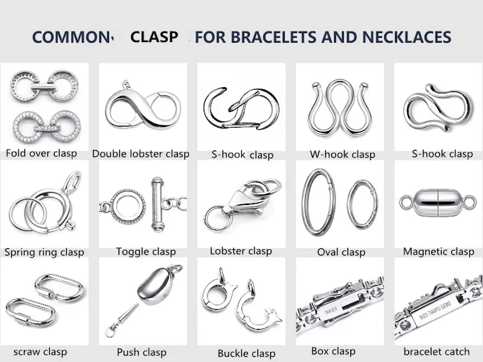 Professional jewelry repair workstation displaying spring ring, lobster, box, and toggle clasps side by side for comparison showing size differences and mechanical design variations - InfoProds 2026