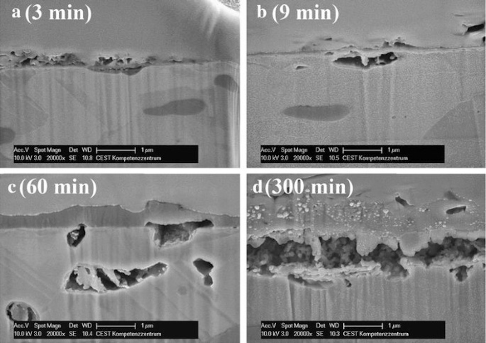 Microscopic examination revealing layered structure of silver sulfide tarnish formation on sterling silver surface, showing progressive darkening from initial yellowish coating to thick black layer demonstrating diffusion-limited growth process - metallurgy science InfoProds 2026