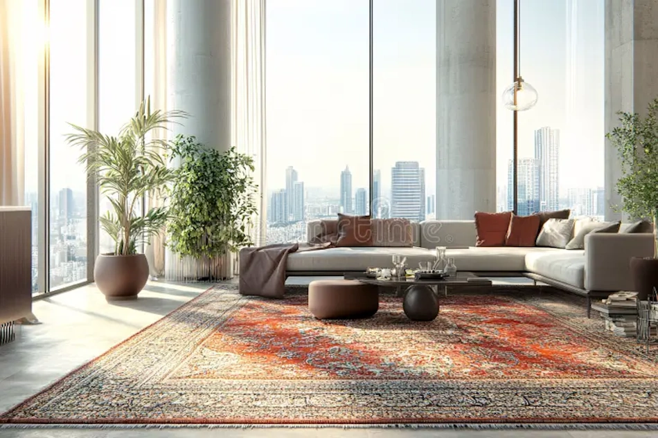 Contemporary minimalist apartment interior featuring expansive floor-to-ceiling windows overlooking dense urban cityscape with high-rise buildings, showcasing typical modern construction that prioritizes aesthetics over acoustic performance, representing noise transmission challenges faced by urban apartment dwellers requiring military-grade soundproofing solutions - InfoProds 2026