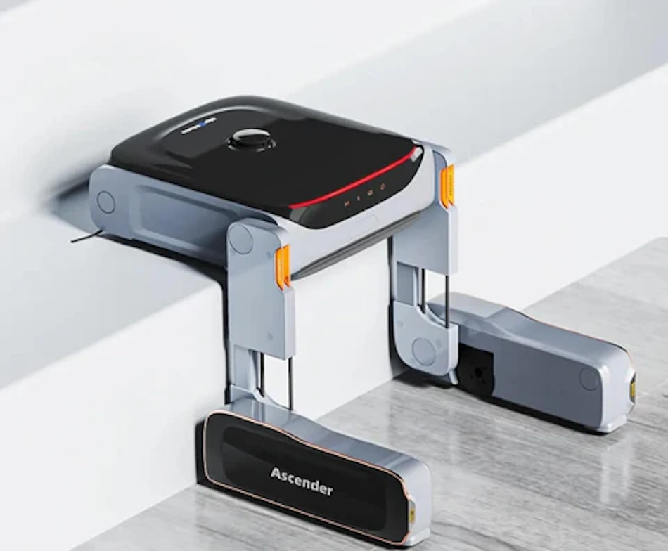 Modern stair-climbing robot vacuum demonstrating vertical mobility capability with omnidirectional wheels gripping residential staircase while advanced LiDAR and ToF sensors map multi-floor home environment for autonomous whole-home cleaning automation - InfoProds 2026