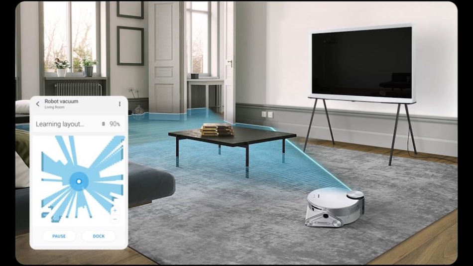 Interactive 3D mapping interface showing multi-floor residential layout with staircase geometry, room boundaries, furniture positions, and autonomous robot vacuum navigation paths across different levels demonstrating advanced spatial awareness and route optimization algorithms - InfoProds 2026