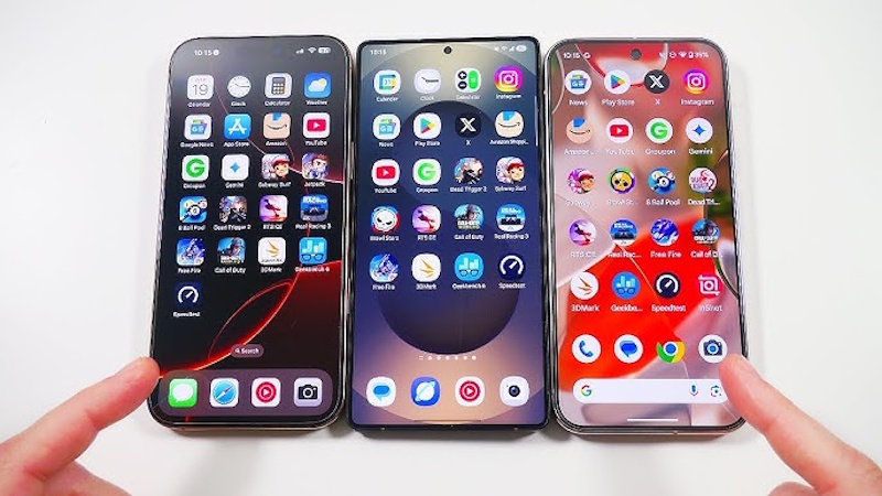 Three flagship AI smartphones displayed side by side showing iPhone 16 Pro in titanium, Samsung Galaxy S25 Ultra with S Pen, and Google Pixel 9 Pro with distinctive camera bar, representing the 2024-2025 flagship smartphone AI battle