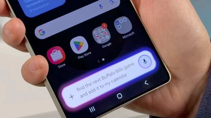 Samsung Galaxy S25 Ultra display showing Galaxy AI features including Circle to Search, Live Translate, Photo Assist, and Gemini integration with One UI 7 interface