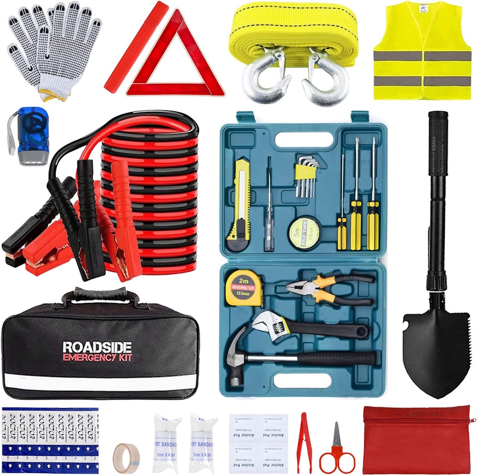 Complete vehicle emergency kit showing jumper cables tire repair tools emergency blanket flashlight first aid supplies water organized in car trunk for roadside assistance winter survival everyday carry EDC preparedness - InfoProds 2026