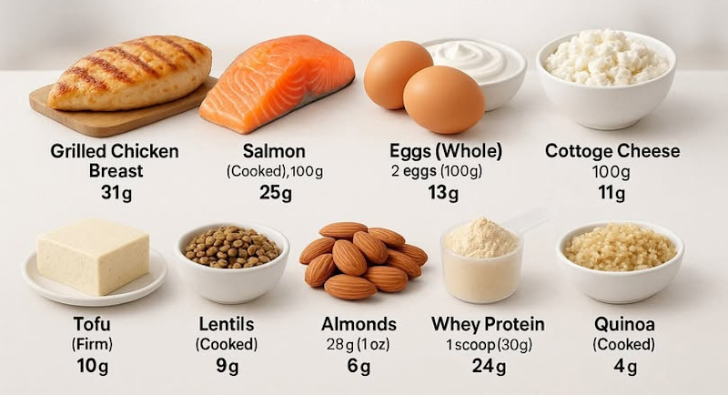 High-protein whole foods including grilled chicken, salmon, eggs, tofu, quinoa, and legumes demonstrating diverse complete protein sources supporting muscle protein synthesis for natural bodybuilding - InfoProds 2026