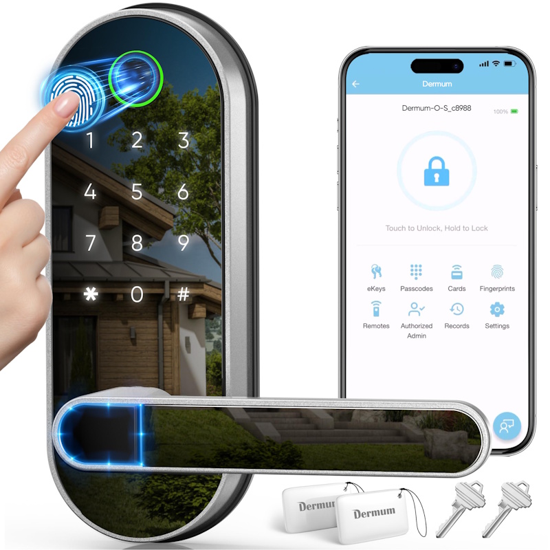 Modern smart lock with keypad and fingerprint scanner installed on residential door for home security