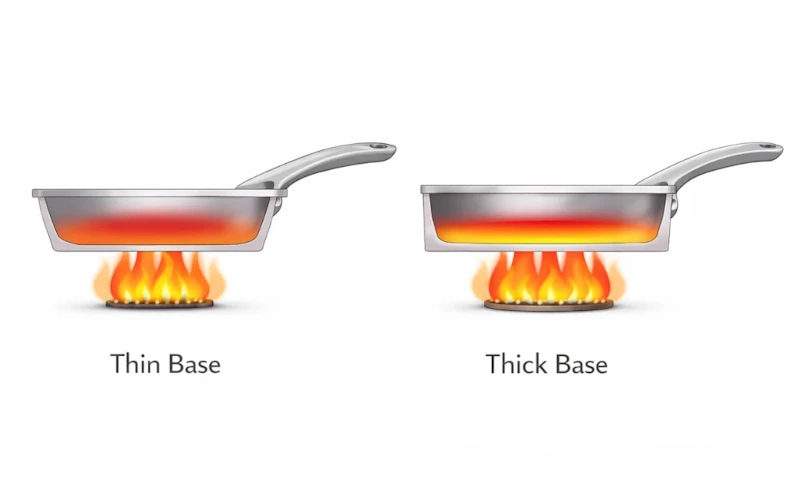 A conceptual overhead view of three different pans - stainless, nonstick, and cast iron - showing the variation in textures and material density for thermal performance comparison - InfoProds 2026