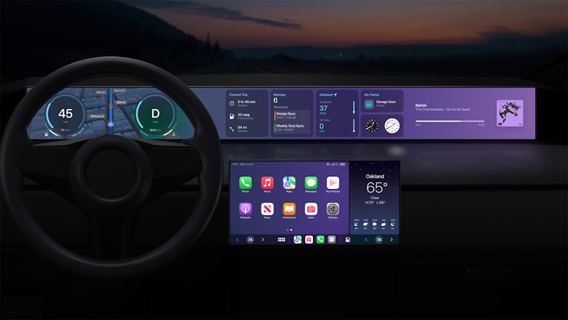 Apple CarPlay clean minimalist interface showing iOS-style grid layout with large app icons optimized navigation controls and Siri voice assistant integration on vehicle touchscreen display - InfoProds 2026