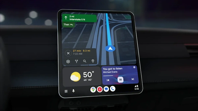 Google Maps superior navigation displaying real-time traffic data route optimization and turn-by-turn directions through Android Auto split-screen interface with music controls visible simultaneously - InfoProds 2026