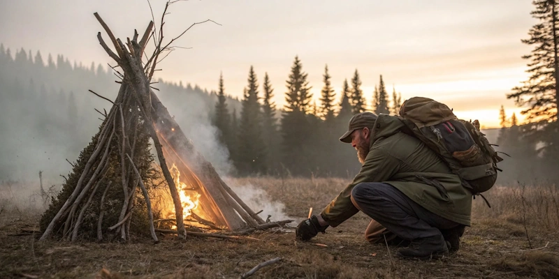 Primitive fire starting techniques including bow drill hand drill and flint steel methods demonstrated in wet weather conditions showing traditional wilderness survival skills requiring extensive practice for emergency preparedness outdoor camping scenarios InfoProds 2026
