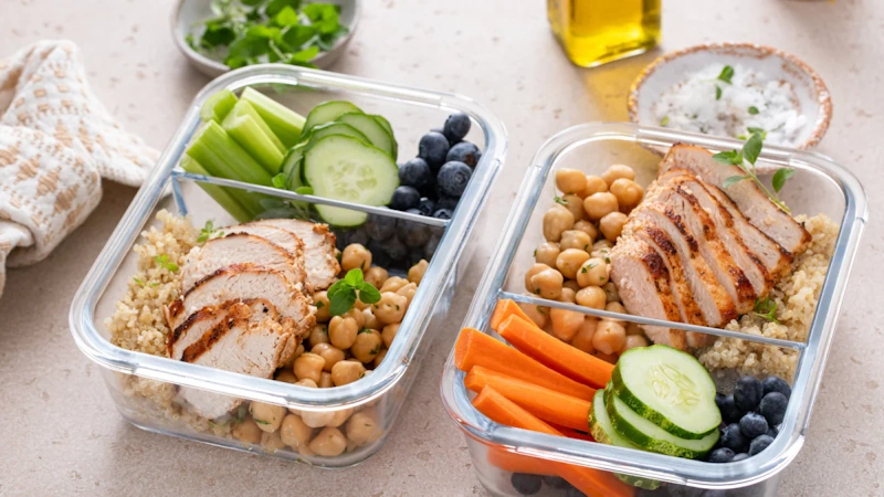 Organized meal prep containers filled with high protein whole food meals including grilled chicken vegetables rice eggs demonstrating practical strategies for achieving muscle building protein goals through affordable food based nutrition planning without expensive supplements InfoProds 2026