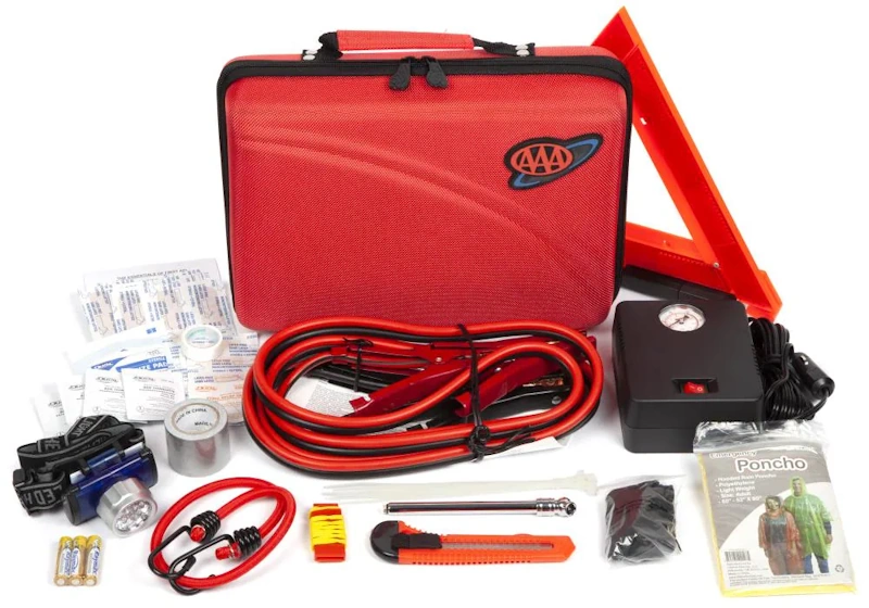 Organized vehicle emergency kit with first aid supplies, jumper cables, flashlight, warning triangles, and safety equipment properly stored in waterproof container with clear compartments for quick access - InfoProds 2026
